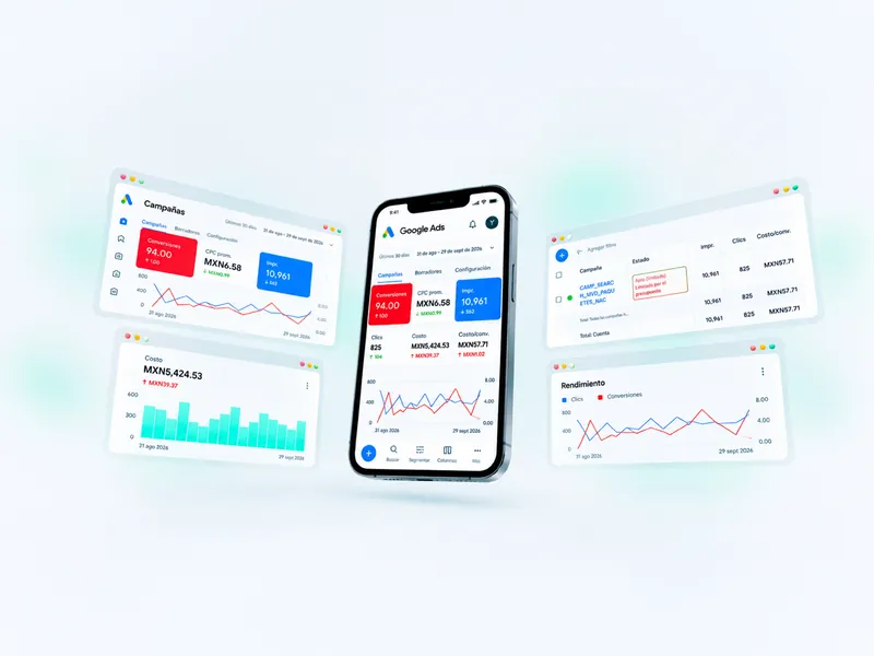 Teléfono con un panel de Google Ads y gráficas de resultados de campañas