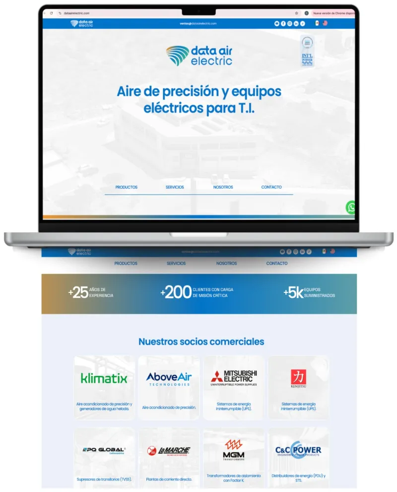 Sitio web de Data Air Electric en una laptop con la nueva identidad