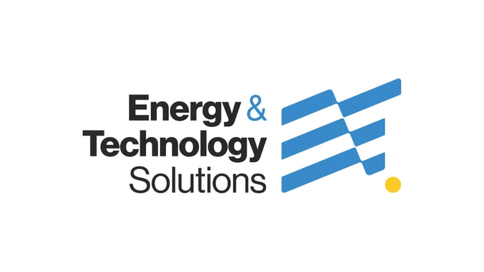 Logotipo nuevo de Energy & Technology Solutions: nombre completo y símbolo de franjas azules con un punto amarillo