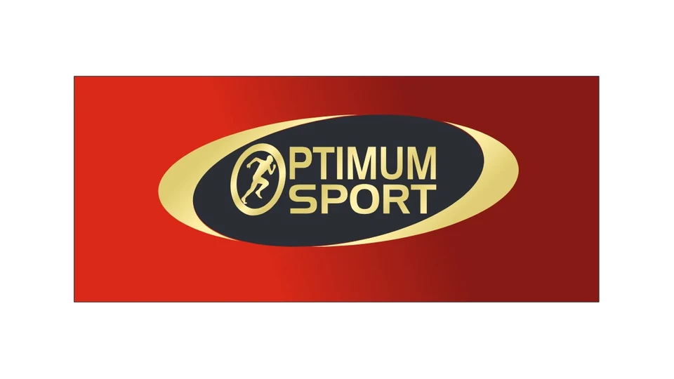 Logotipo anterior Optimum Sport: óvalo negro con biseles dorados y la silueta de un corredor sobre fondo rojo