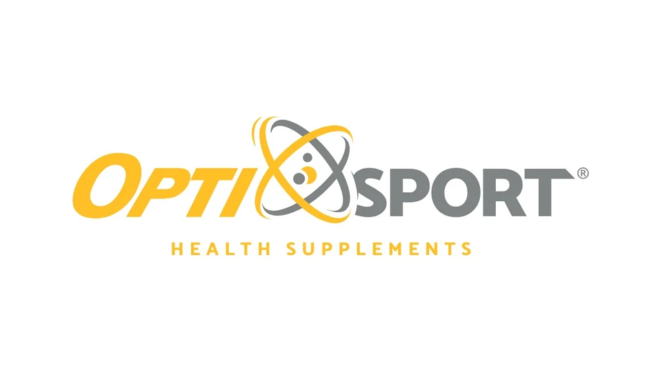 Logotipo nuevo de OptiSport Health Supplements: la O convertida en un átomo, en amarillo dorado y gris