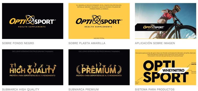 Sistema de marca OptiSport: logotipo sobre negro y sobre amarillo, aplicación sobre fotografía y submarcas High Quality y Premium
