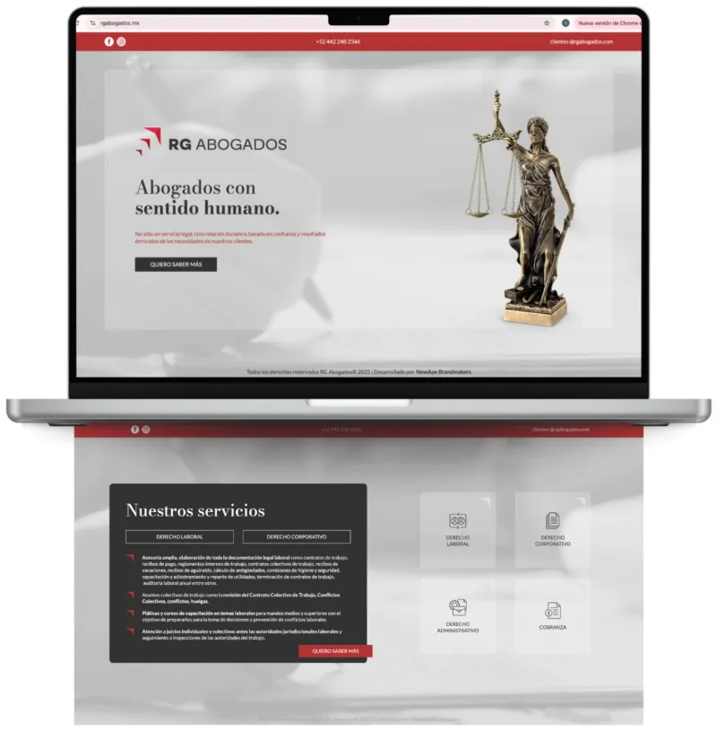 Sitio web nuevo de RG Abogados en una laptop, con la nueva identidad
