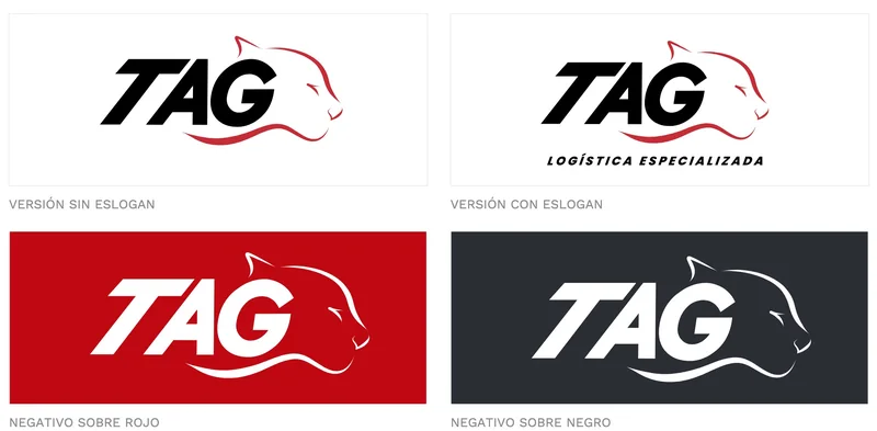 Versiones de la marca TAG: sin y con eslogan, y en negativo sobre rojo y sobre negro