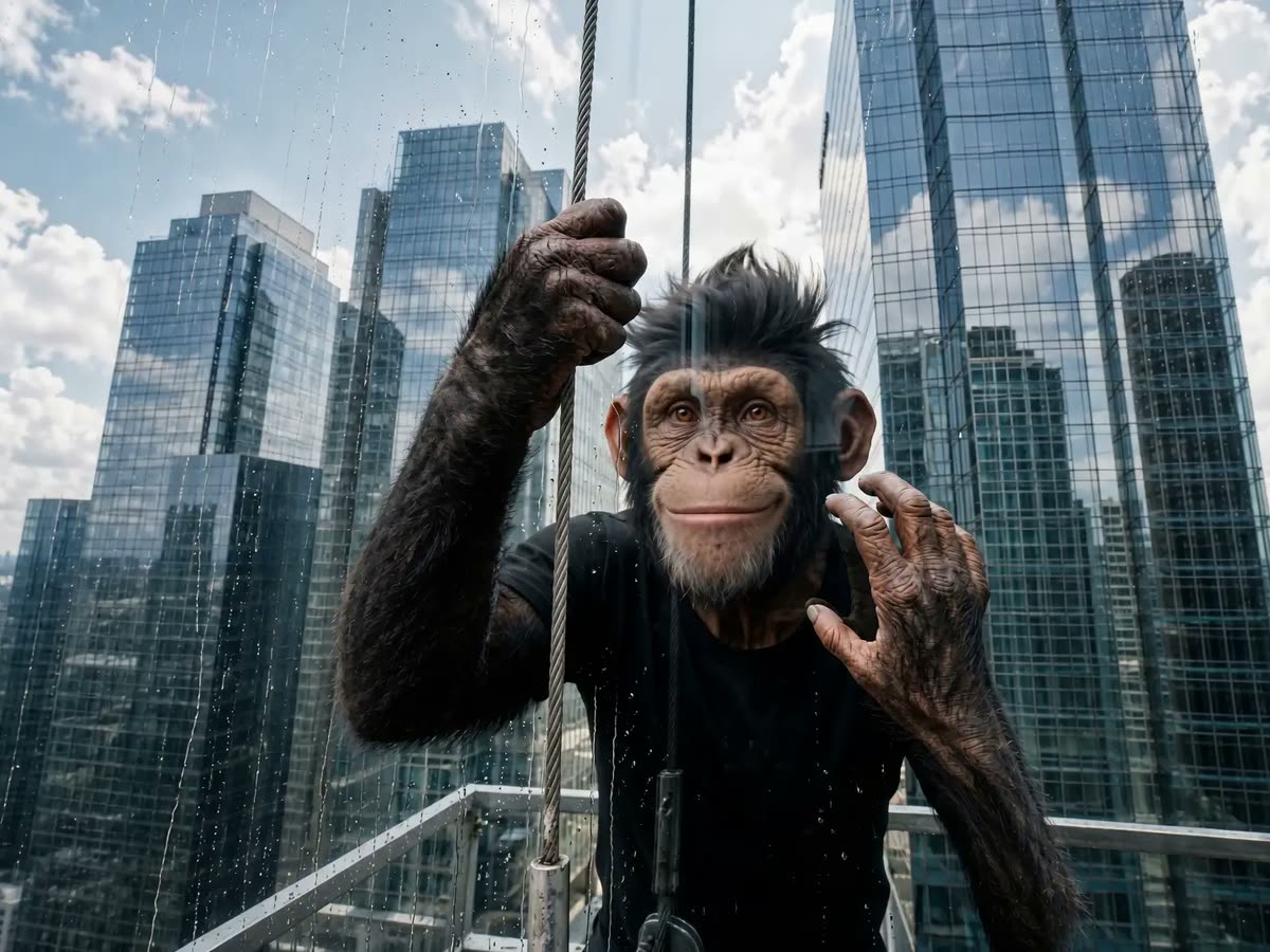 El simio de NewApe reflejado en una torre de espejo: cuadro del video con IA que abre este sitio