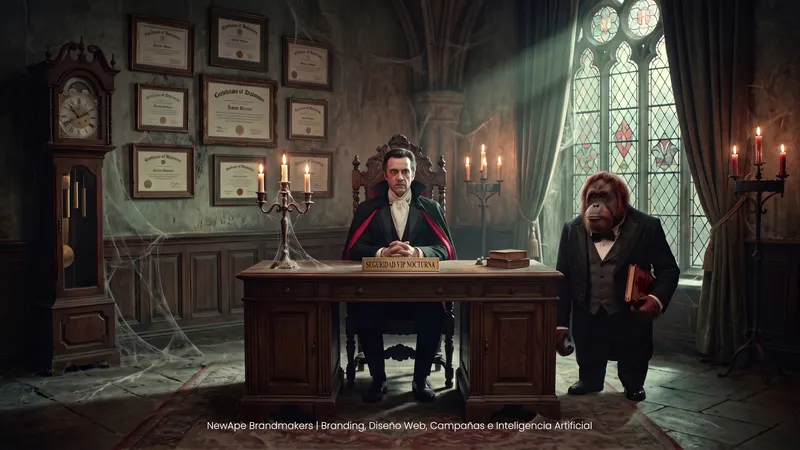 Vampiro y su asistente orangután en su oficina, comercial de NewApe hecho con IA