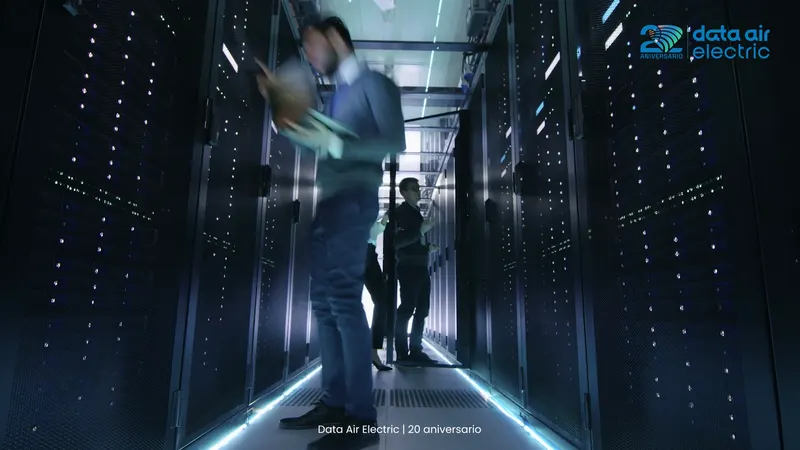 Pasillo de un centro de datos en el video de aniversario de Data Air Electric