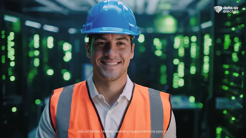 Ingeniero sonriendo en un centro de datos, video corporativo 2025 de Data Air Electric