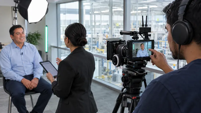 Equipo de producción grabando una entrevista corporativa con cámara de cine, monitor y luces LED en una oficina con vista a la planta