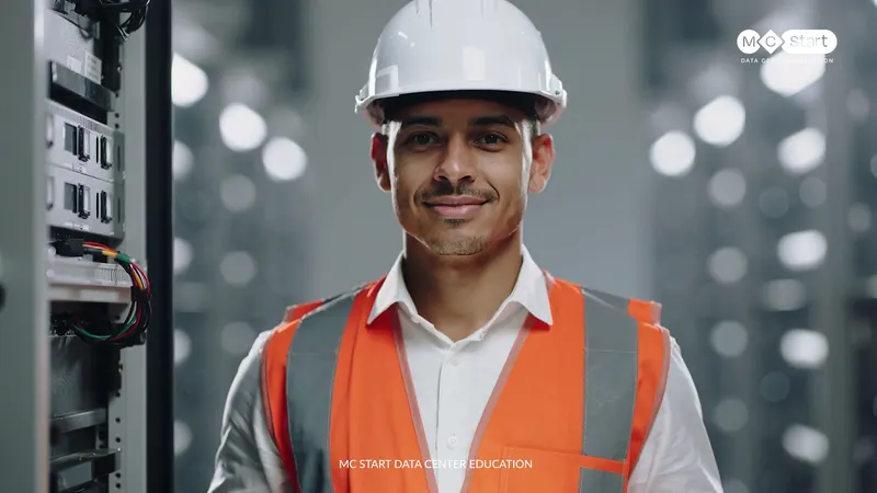 Ingeniero con casco en un centro de datos, video corporativo de MC Start