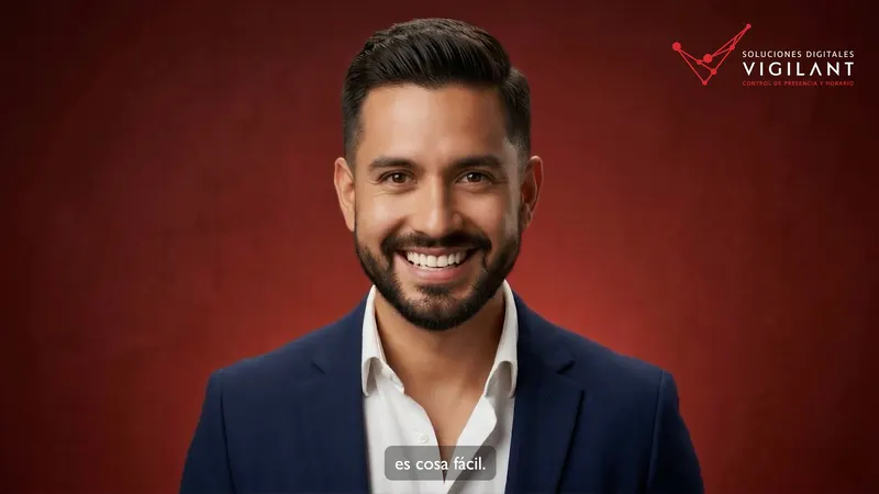 Presentador del comercial de Vigilant hecho con IA, frente al logotipo de la marca